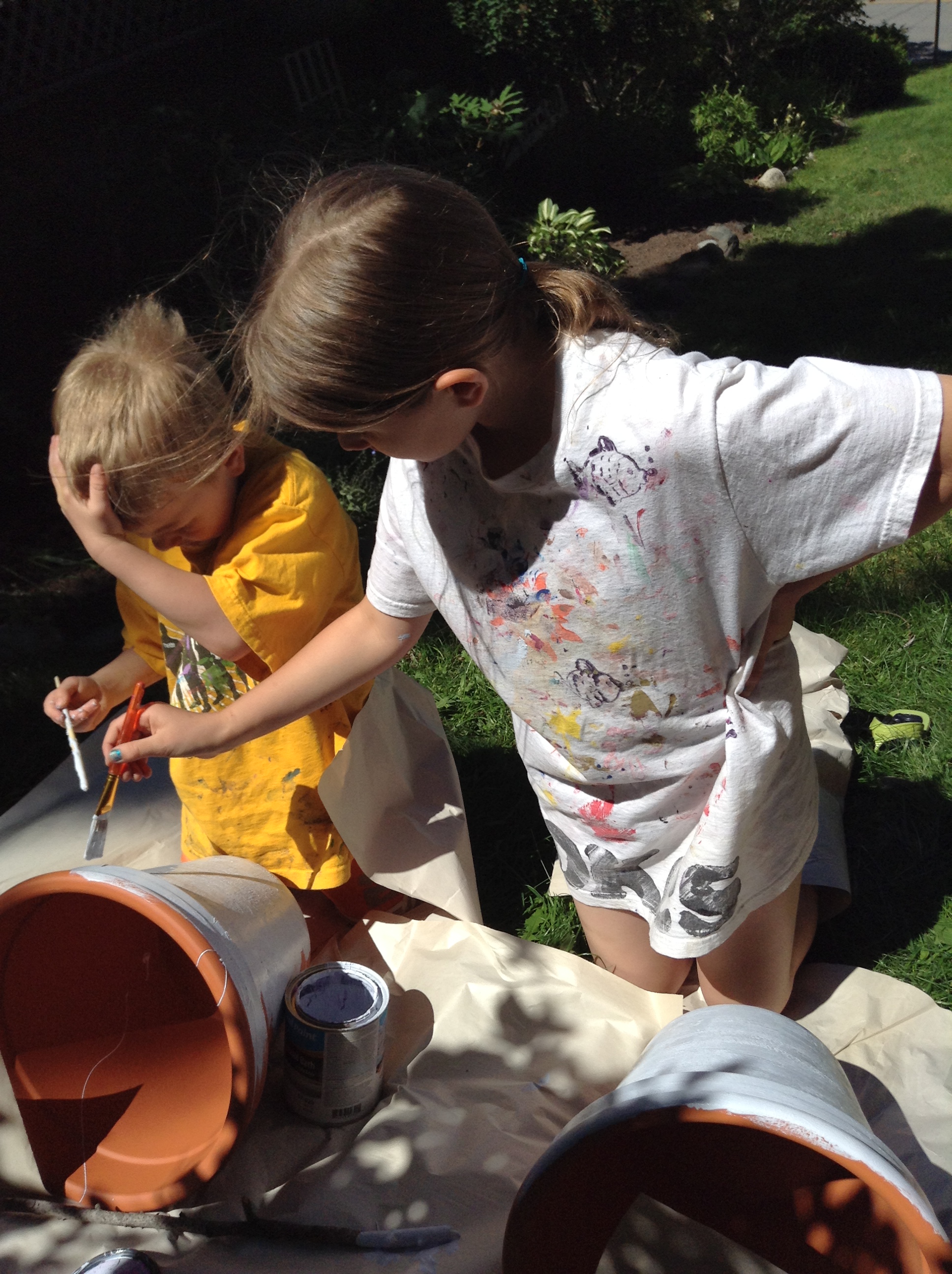 Rachel & Madelyn painting pots: homeschool art