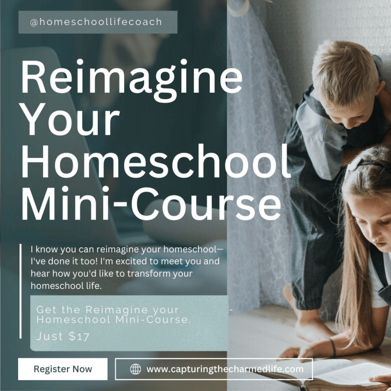 Socials graphic promoting the Reimagine Your Homeschool Mini-Course by Capturing the Charmed Life, priced at $17. Text reads 'Homeschool Mama Self-Care: Reimagine Your Homeschool Mini-Course' with a message from the creator about helping homeschool moms transform their homeschool life, a 'Register Now' button, and the website capturingthecharmedlife.com. Background photo shows two children lying on the floor reading a book together in a softly lit room.