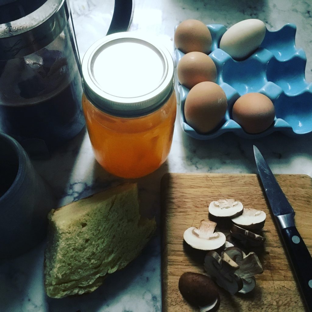 jam, bread, eggs and mushrooms for the homestead breakfast