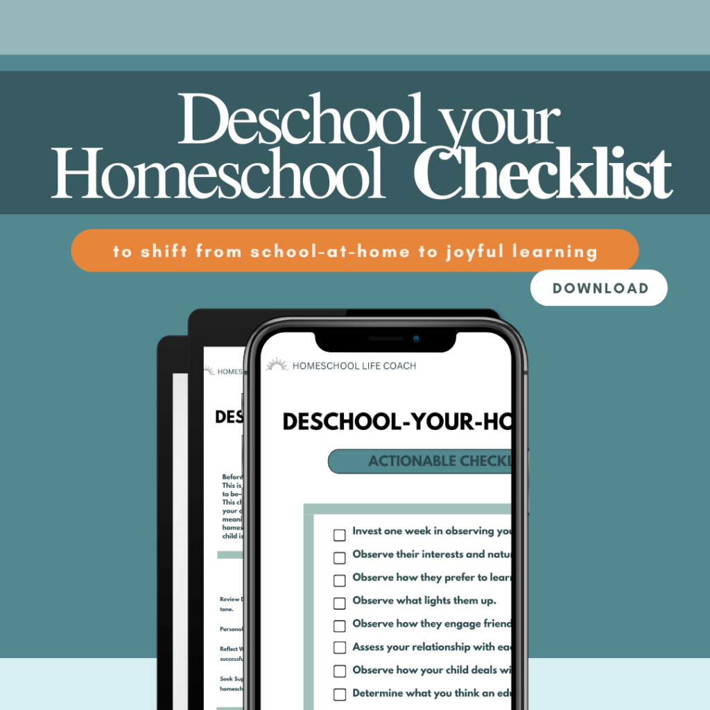 Deschool Your Homeschool Checklist mockup shown on a phone and tablet, with a download button and tagline "to shift from school-at-home to joyful learning"