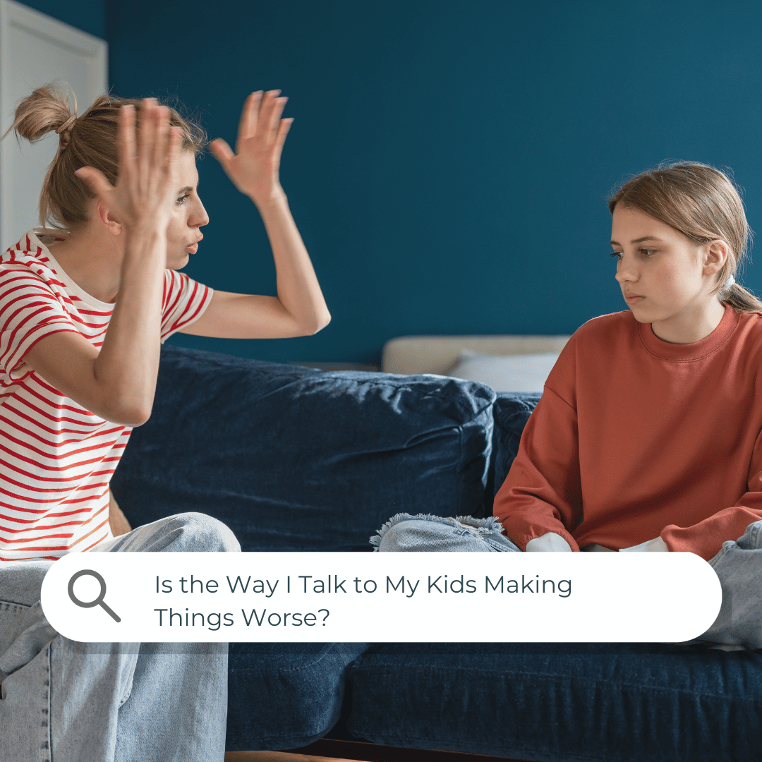 A square photo illustrating homeschool communication challenges — a mother in a red and white striped shirt gestures emphatically with both hands raised while sitting on a dark blue couch. Across from her, a teenage girl in a rust-coloured sweatshirt sits quietly with a serious, subdued expression. A search bar overlay at the bottom reads: Is the Way I Talk to My Kids Making Things Worse?