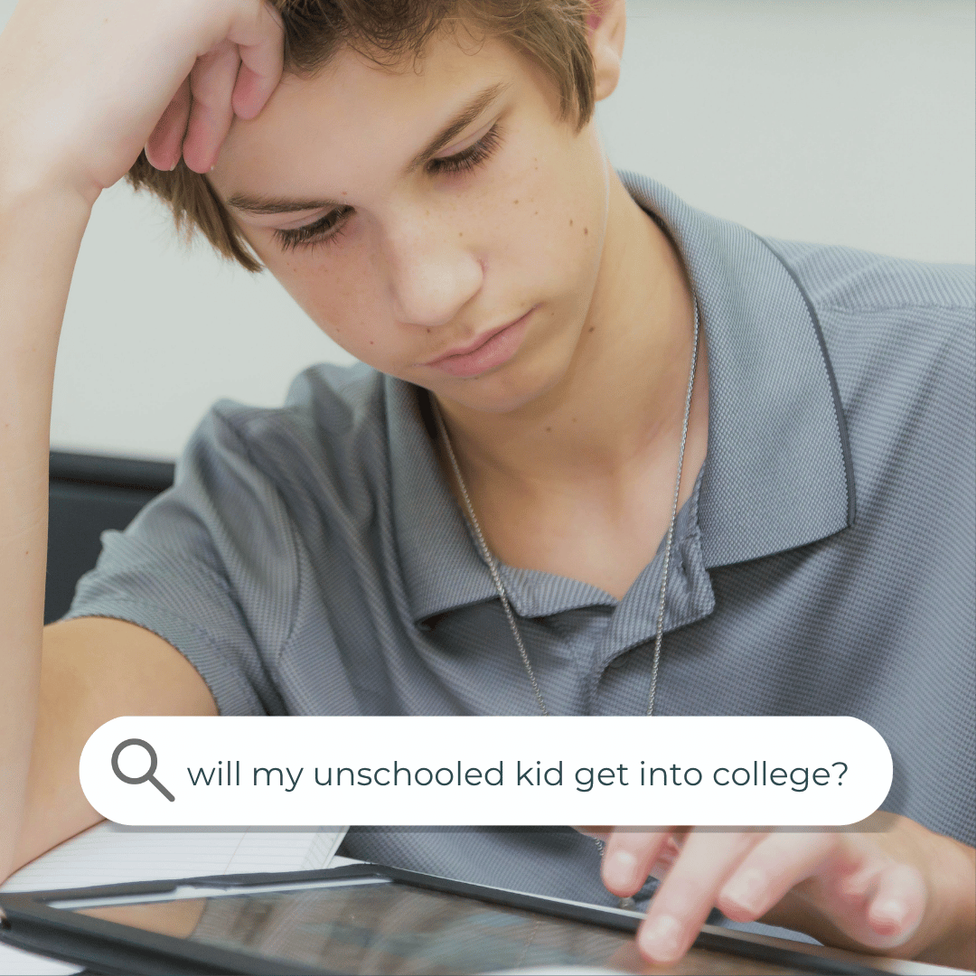 A teen boy looking stressed while studying on a tablet, with a Google search bar overlay reading "will my unschooled kid get into college?" — a common worry for homeschooling high school moms