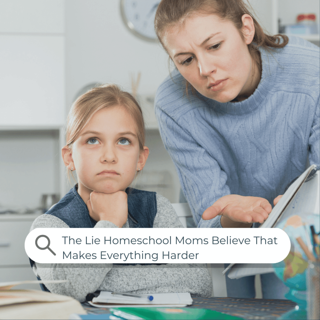 A homeschool mom leaning in to engage her disinterested child — the kind of moment that triggers perfectionism and self-doubt in even the most dedicated homeschool parents.