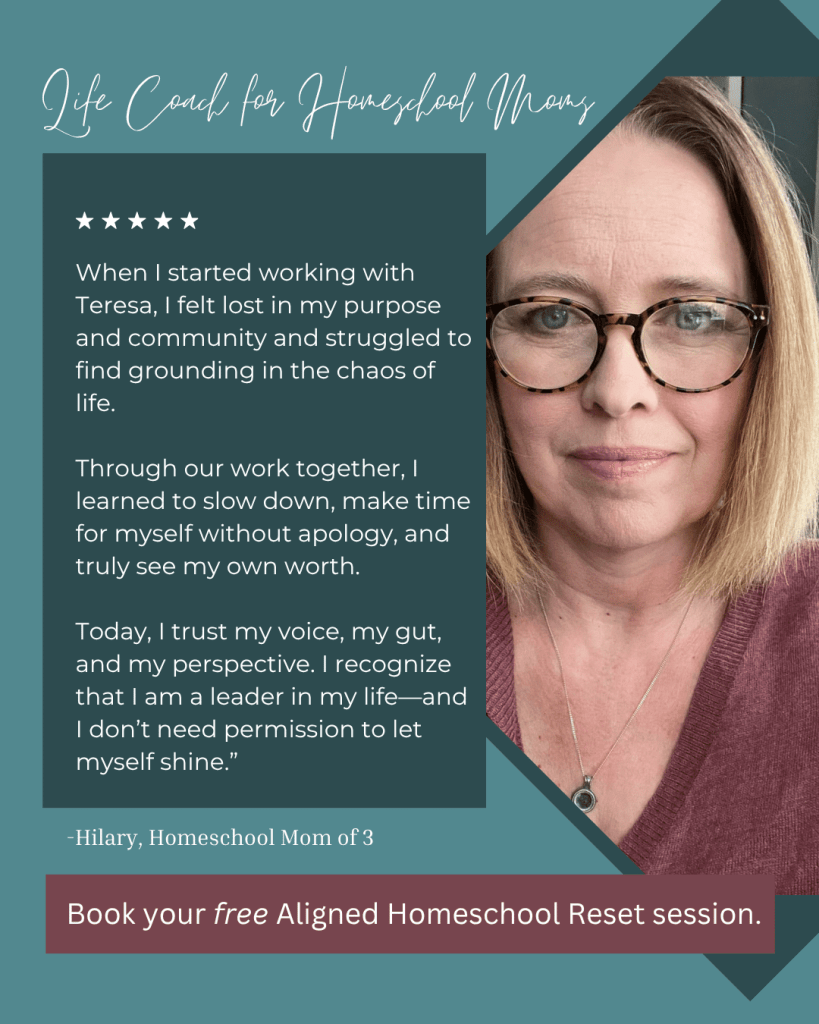A homeschool mom sitting confidently with a calm expression, representing a shift from feeling lost to trusting herself and leading her homeschool life with clarity.--Hilary's story