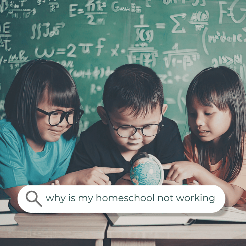 "why is my homeschool not working" over a background image of three children wearing glasses gathered together at a desk, curiously exploring a globe in front of a chalkboard covered in math equations.