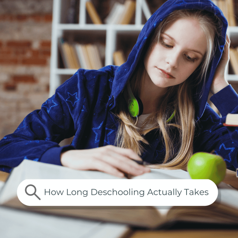 A tired teen girl studying at a desk with books — illustrating why families search for how long deschooling actually takes