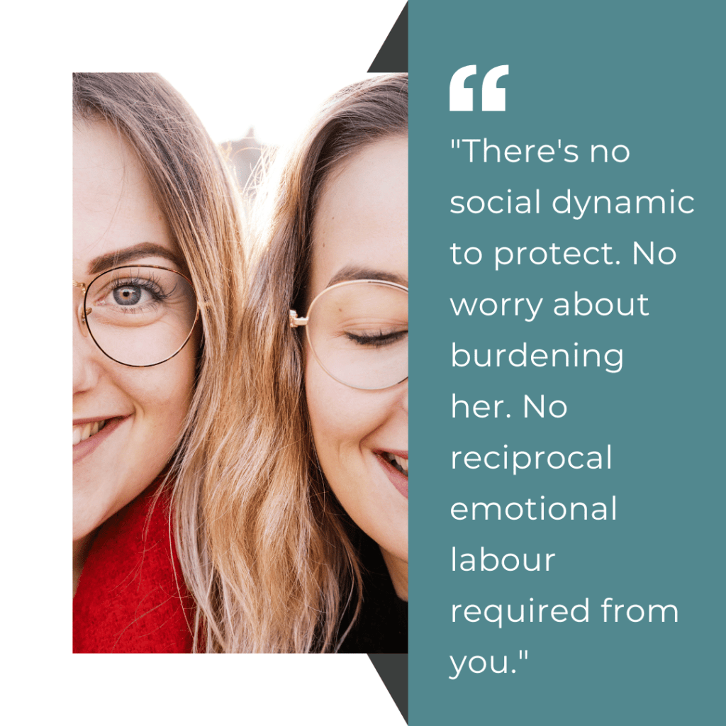 Pull quote from Teresa Wiedrick, life coach for homeschool moms: there's no social dynamic to protect, no worry about burdening her, no reciprocal emotional labour required from you — on how life coaching is different from talking to a friend.
