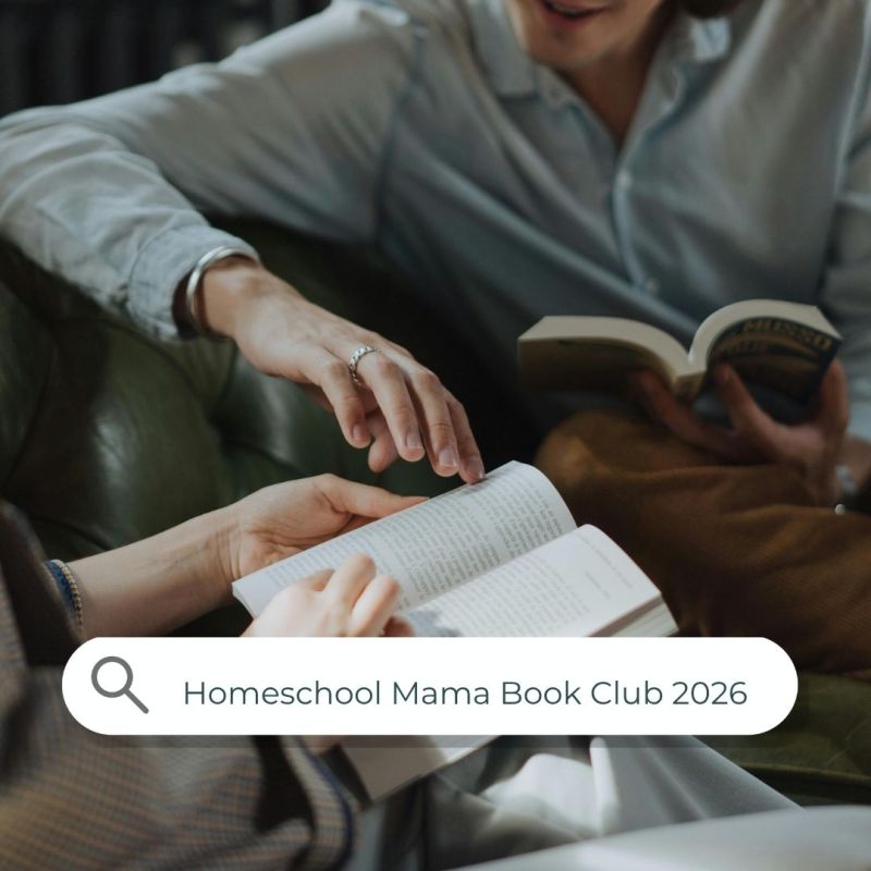 A square photo of two people sitting together in armchairs, each holding an open book. One person reaches toward the other's book in a gesture of connection and shared interest. A search bar overlay at the bottom reads: Homeschool Mama Book Club 2026.