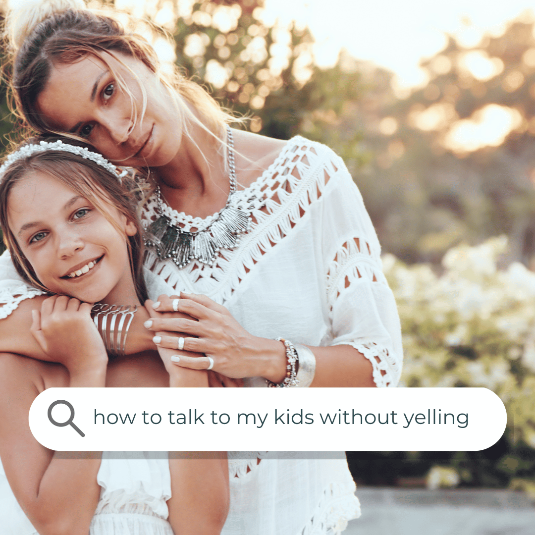 Mother and daughter embracing outdoors — graphic for the homeschool mom question 'how to talk to my kids without yelling