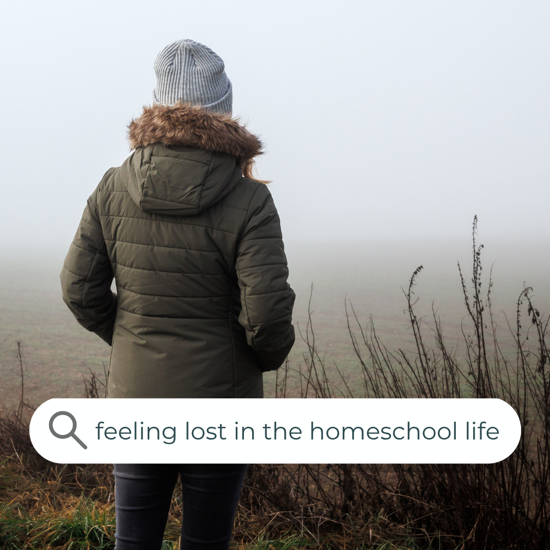 Woman in a coat standing alone in a foggy field, feeling lost in homeschooling