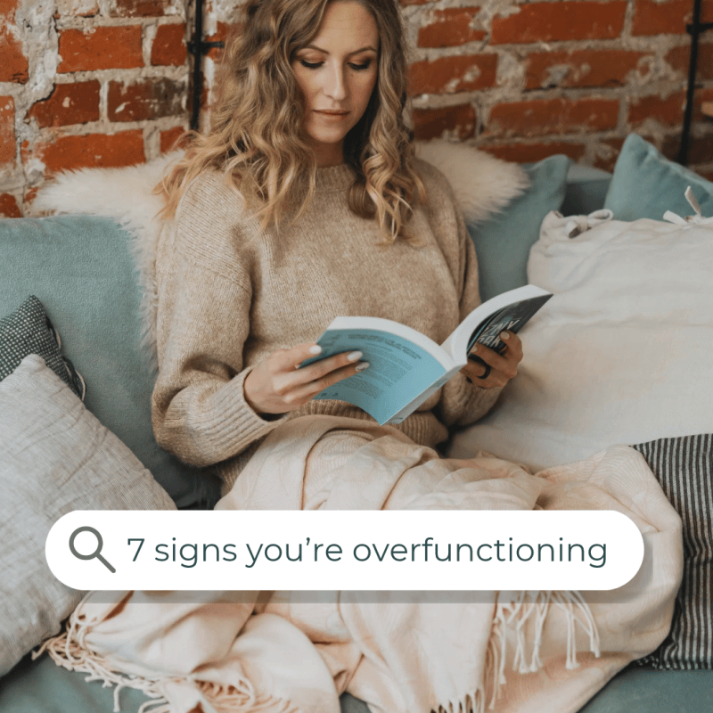 Homeschool mom reading alone on a cozy couch, with a search bar reading “5 signs you’re overfunctioning,” illustrating the signs of overfunctioning as a homeschool mom.