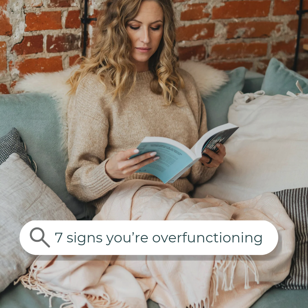 Homeschool mom reading alone on a cozy couch, with a search bar reading “5 signs you’re overfunctioning,” illustrating the signs of overfunctioning as a homeschool mom.