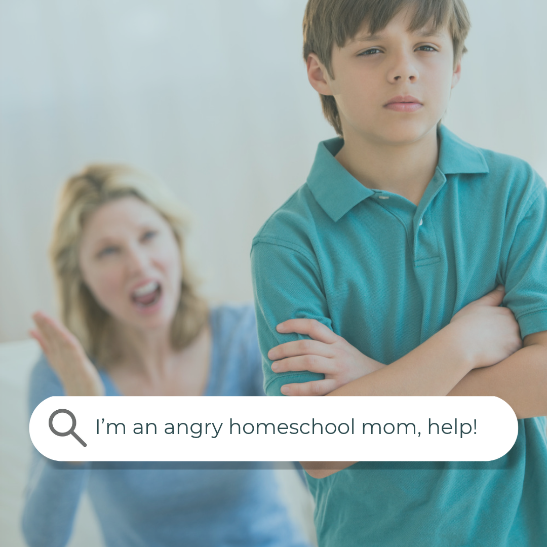 Homeschool mom anger: a boy with crossed arms while a woman yells behind him, search bar reading "I'm an angry homeschool mom, help!